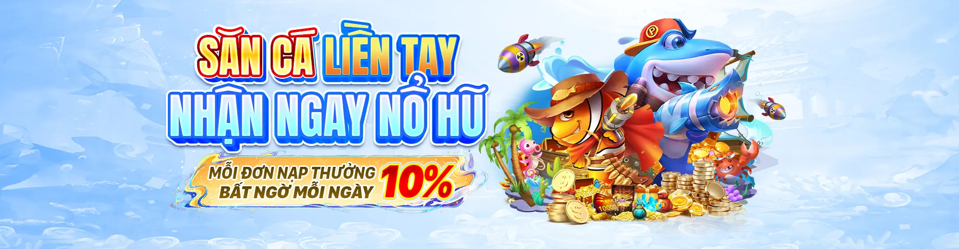 Hình ảnh chính của trang, thể hiện cảnh bắn cá sôi động dưới đại dương sâu thẳm với nhiều loài cá màu sắc và hiệu ứng ánh sáng rực rỡ, thu hút người chơi khám phá thế giới bắn cá trực tuyến.